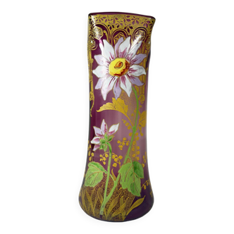 Grand vase violet Legras à décor de fleurs émaillé