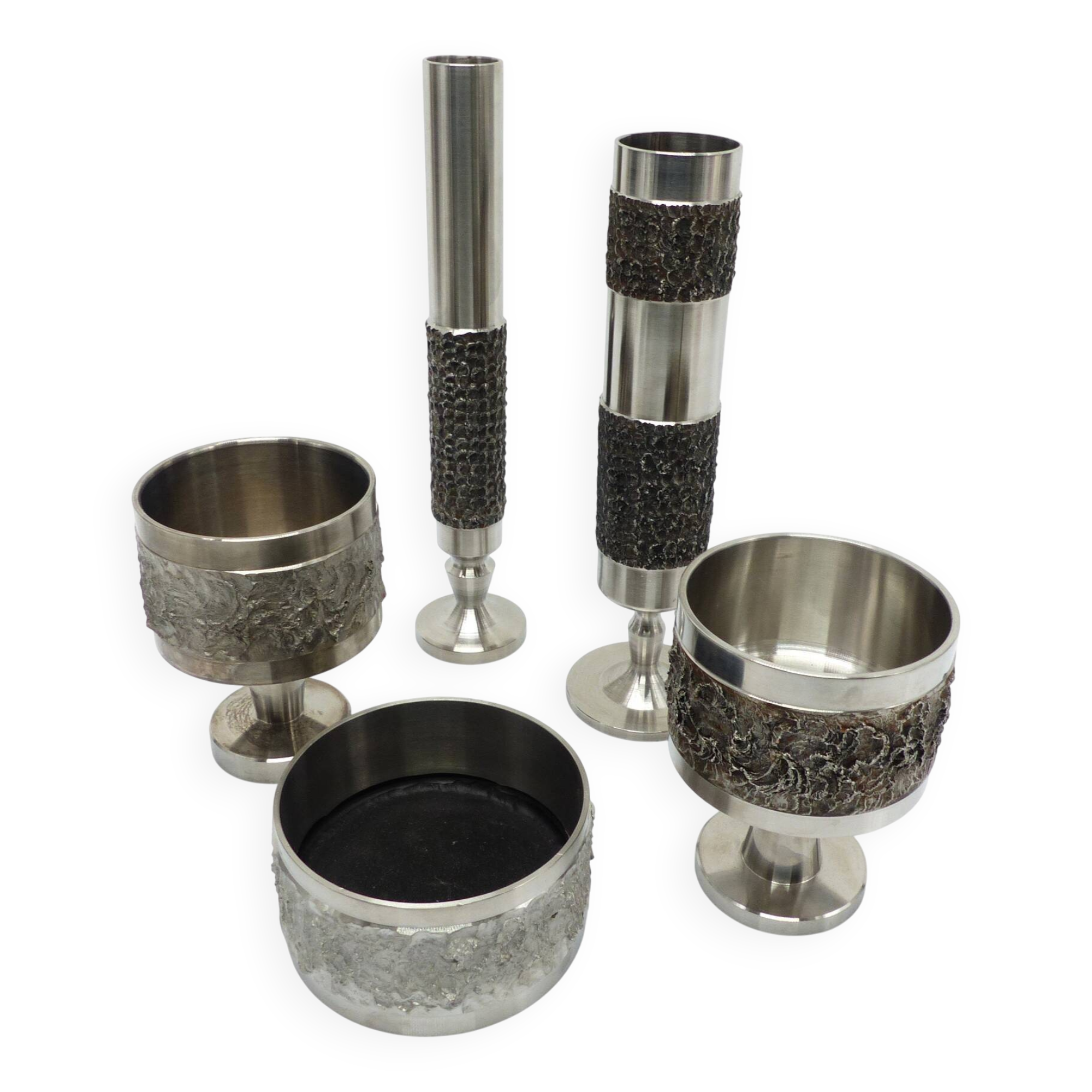 Set of 5 brutalist steel vases and bowls 1970