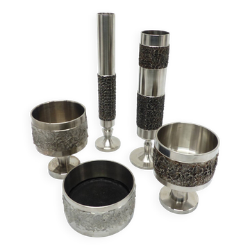 Set de 5 vases et coupes brutalistes en acier 1970