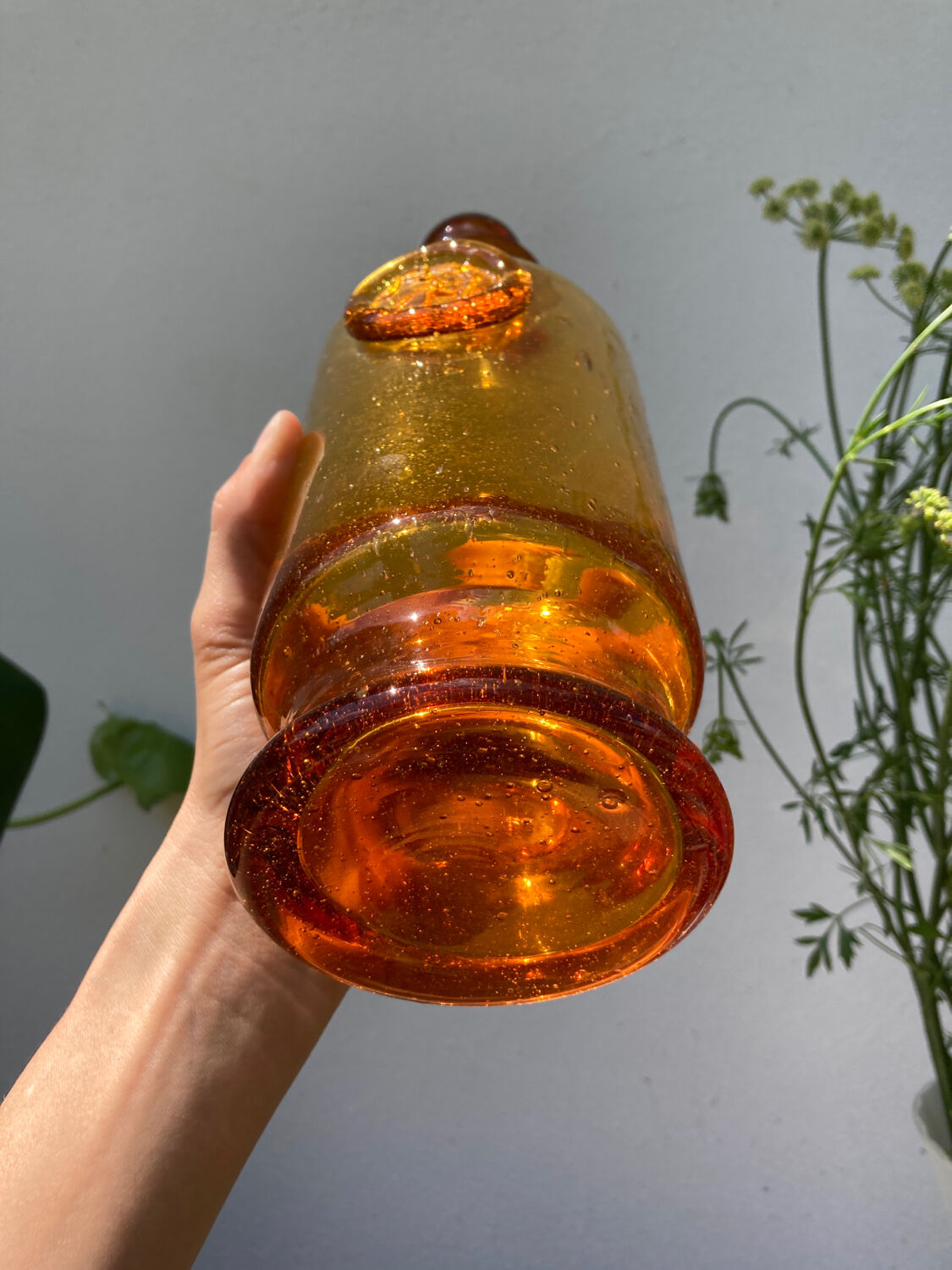 Amber blown and bubbled glass bottle / Biot style signed