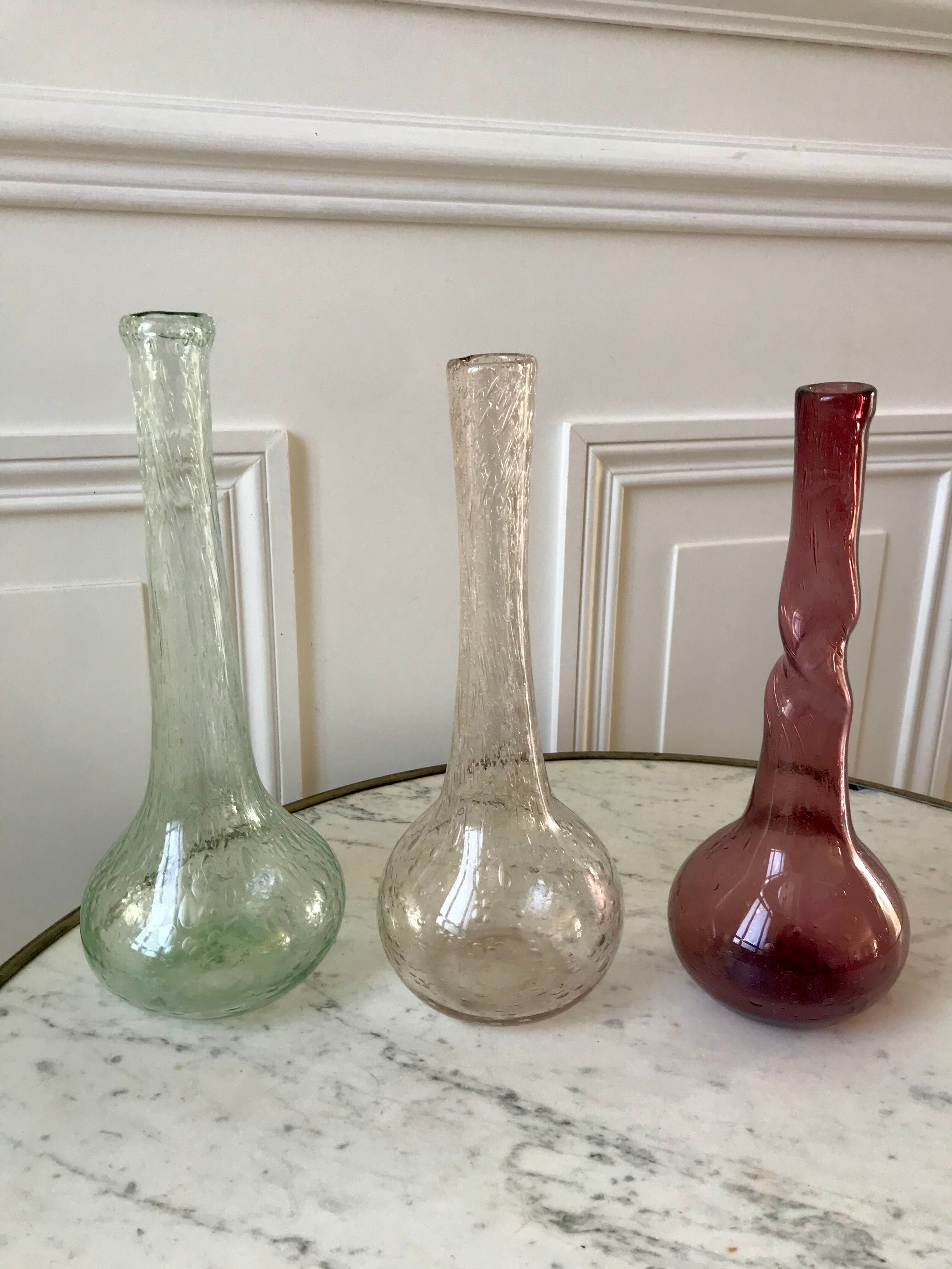 trio of Biot bubbled glass vases signed green 60s-70s
