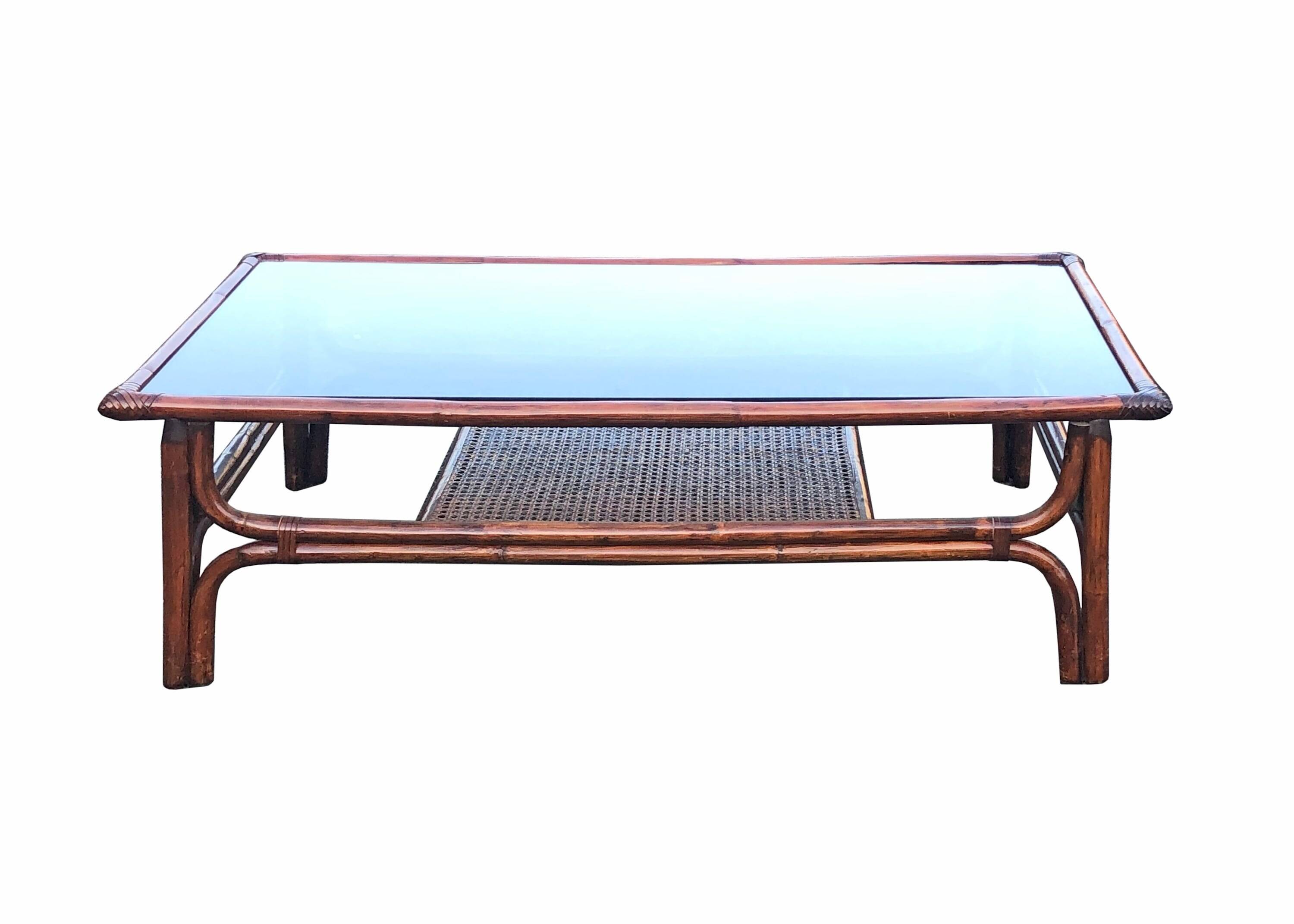 Large vintage rattan and smoked glass coffee table, 1970s