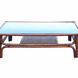 Large vintage rattan and smoked glass coffee table, 1970s