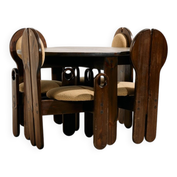 Ensemble de salle à manger en pin hongrois par Mária Szedleczky, années 1970, ensemble de 5.