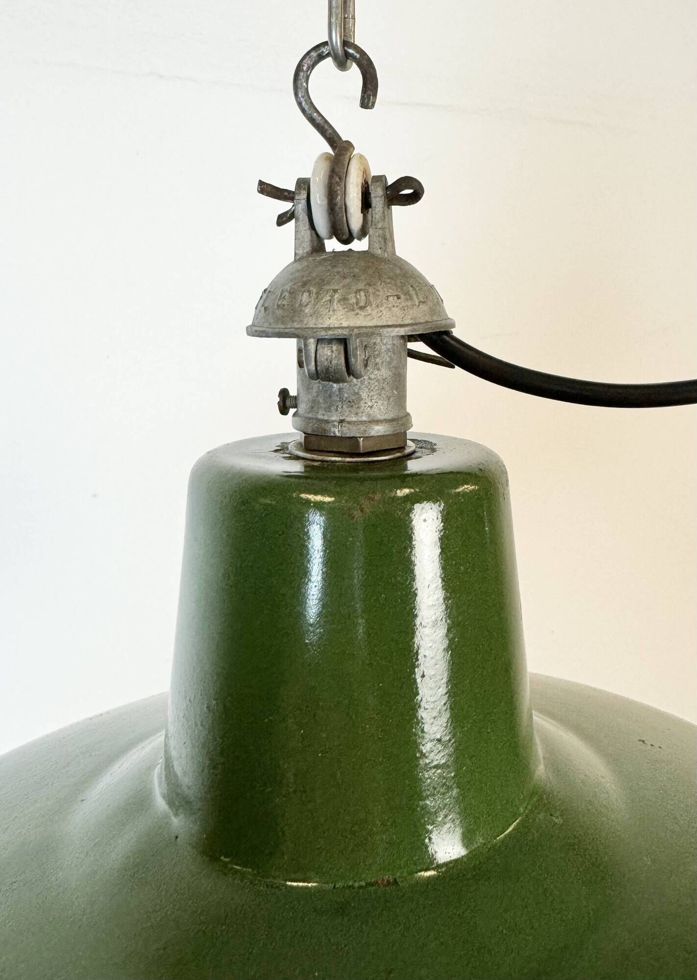 Industrial French Green Enamel Factory Lamp, 1960s