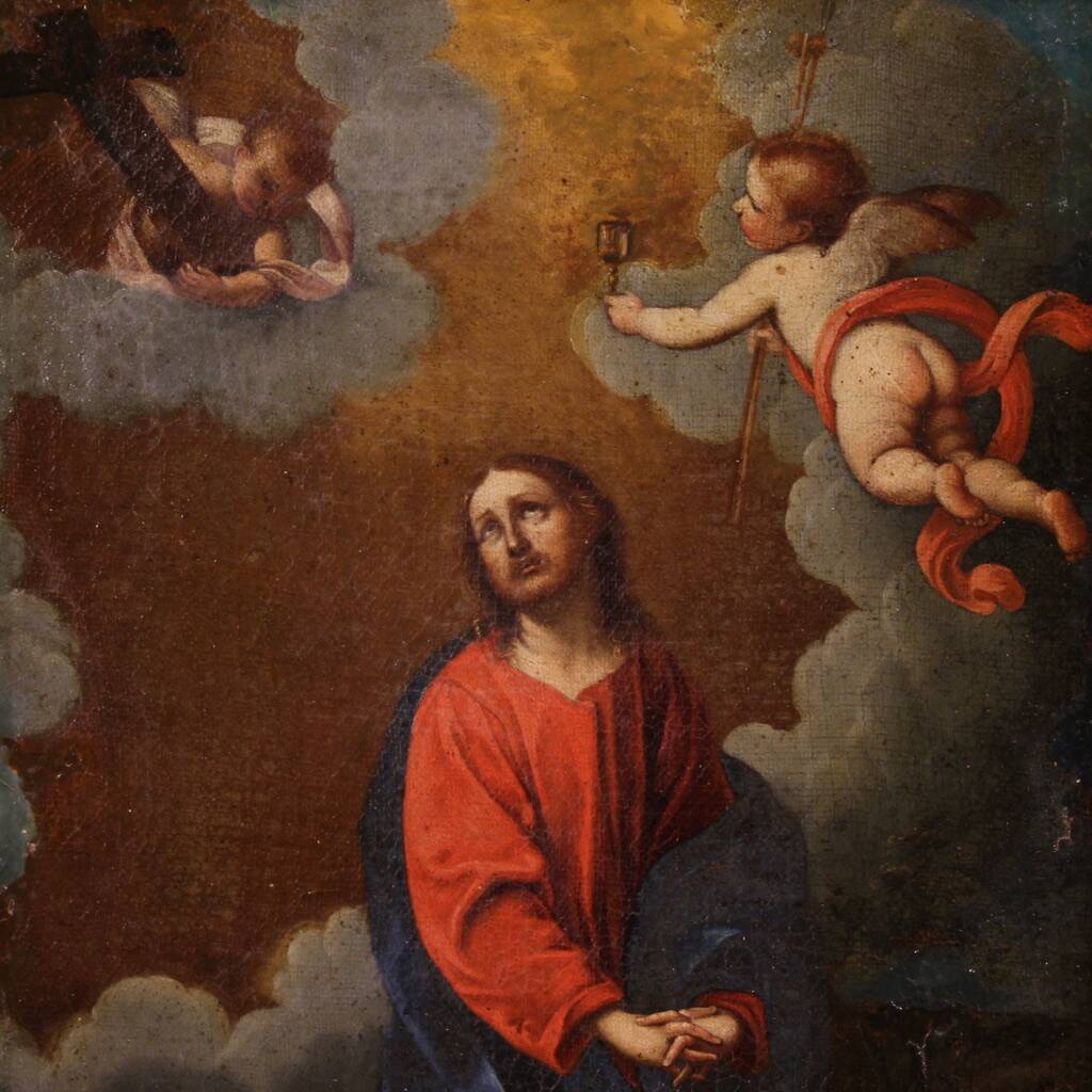 Antique Italian painting Christ with angels from the 17th century