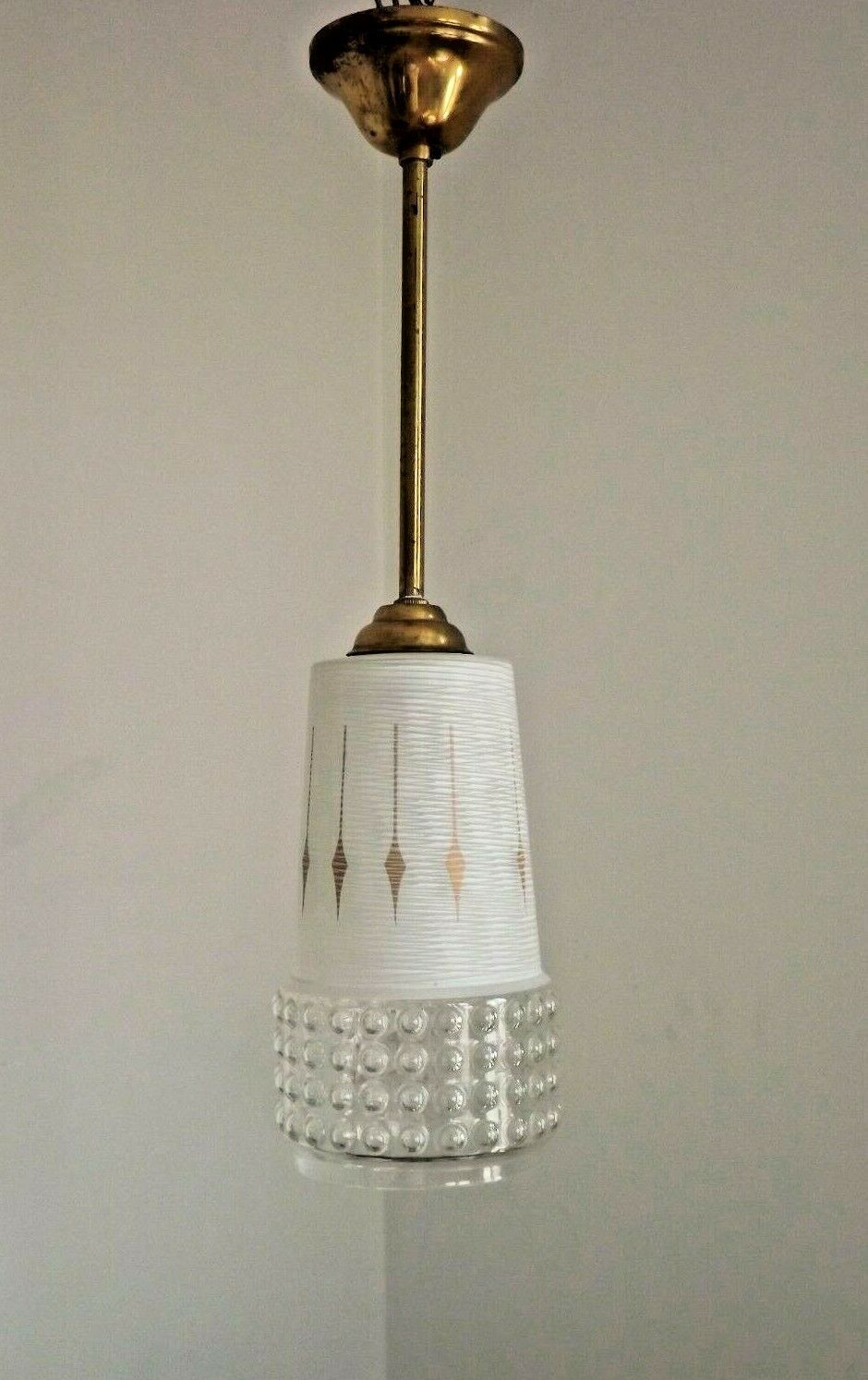 French vintage retro white & clear glass shade & gold metal ceiling light 3599