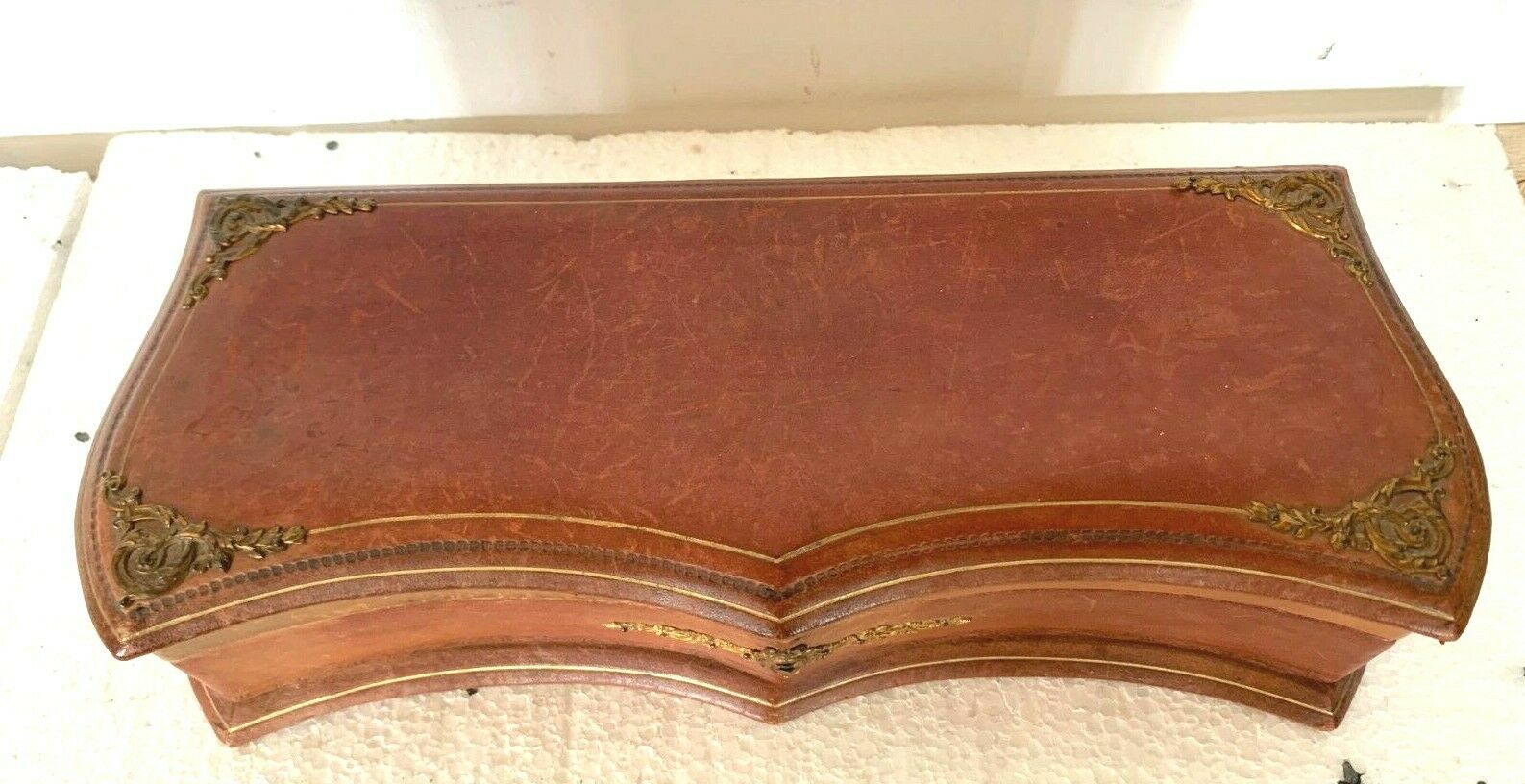 20th century leather jewelry and brass ornamentation box