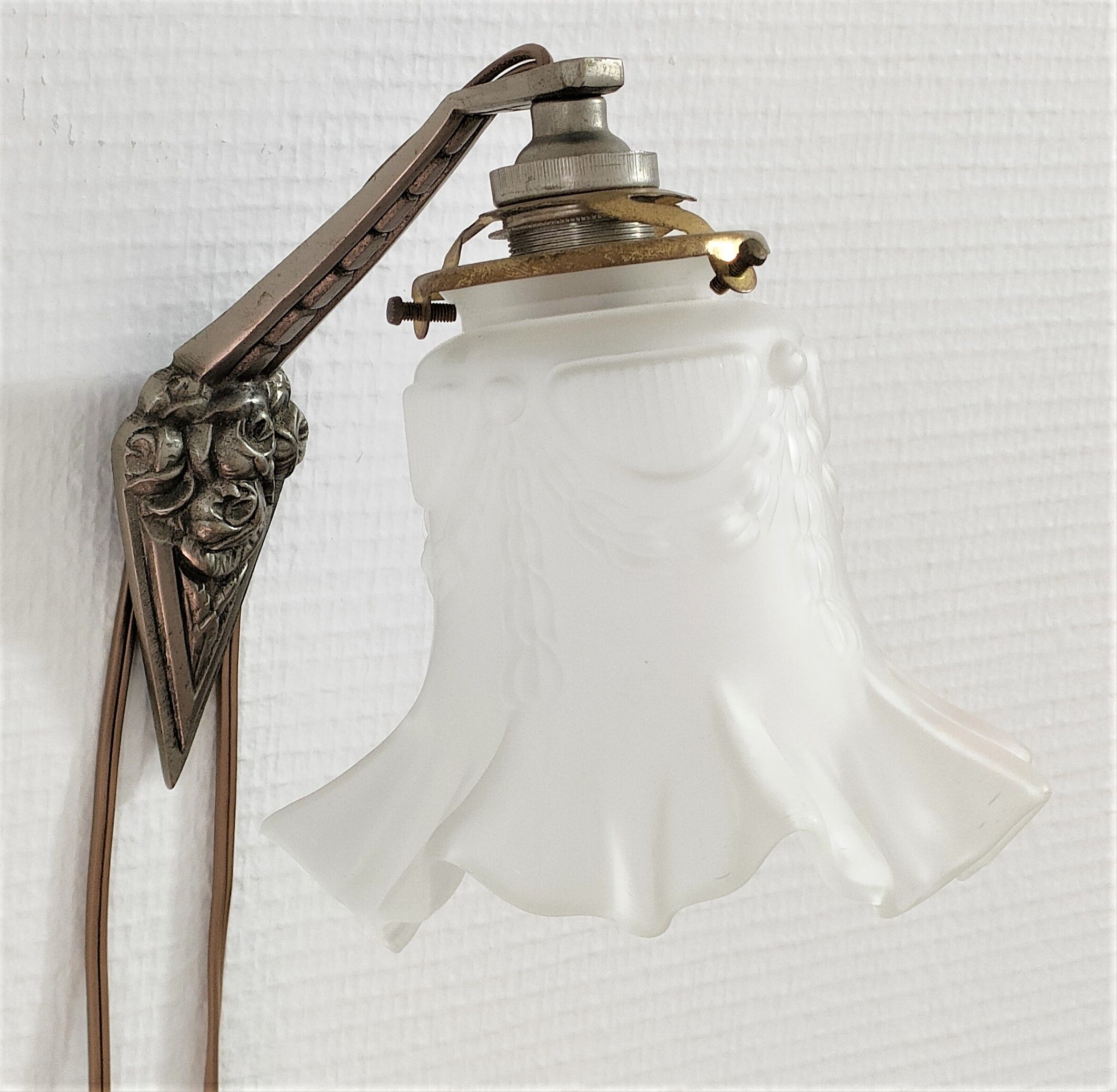 Art Deco wall lamp bronze silver patina and frosted glass