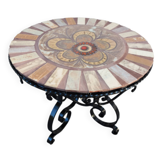 table basse carrelée ronde pied fer forgé restauréé 1970