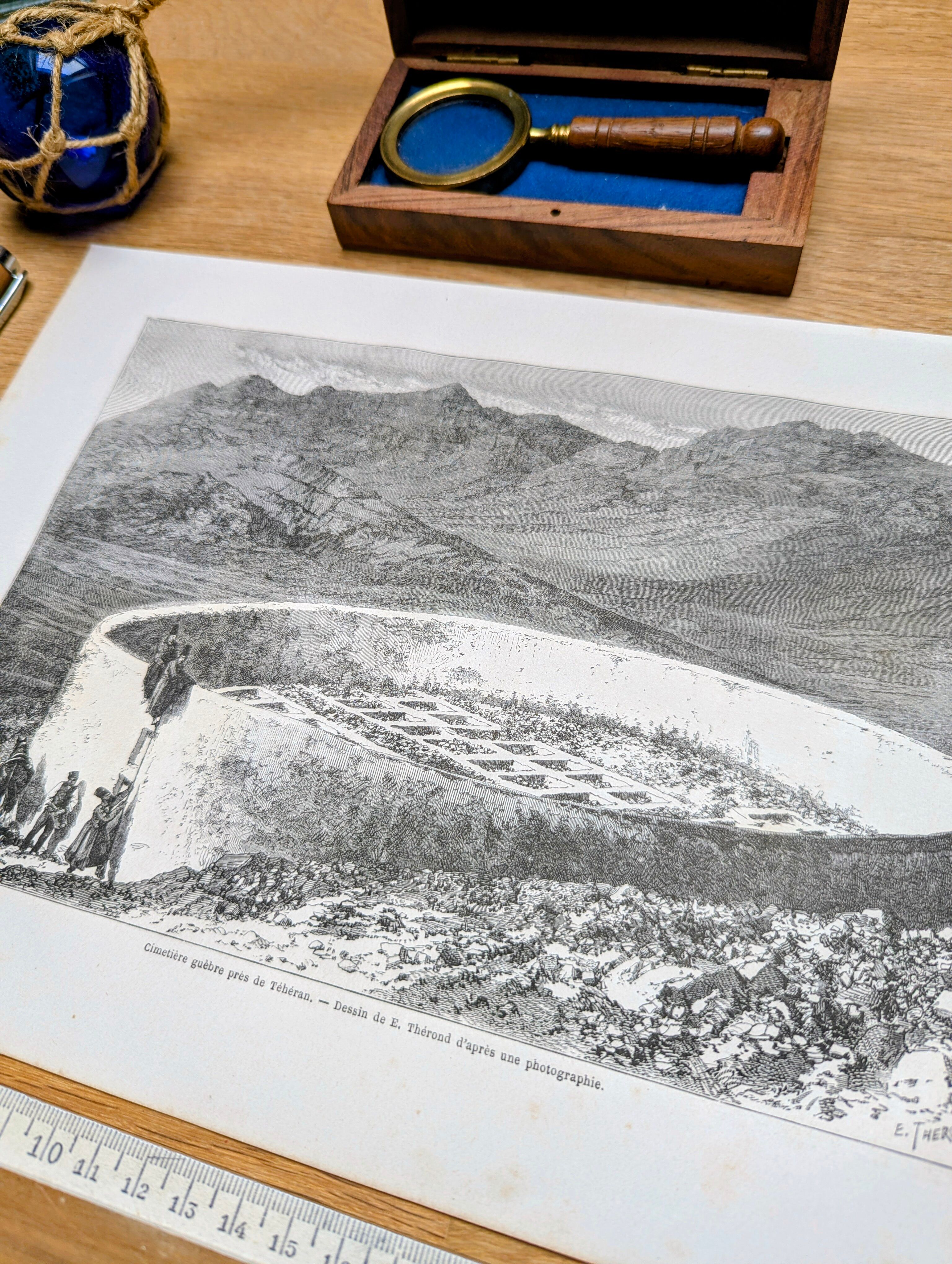 Gheber cemetery near Tehran, Iran. Printed in 1866.