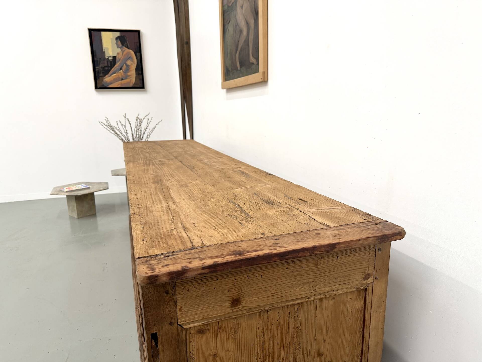 Very large pine trade counter, circa 1920.