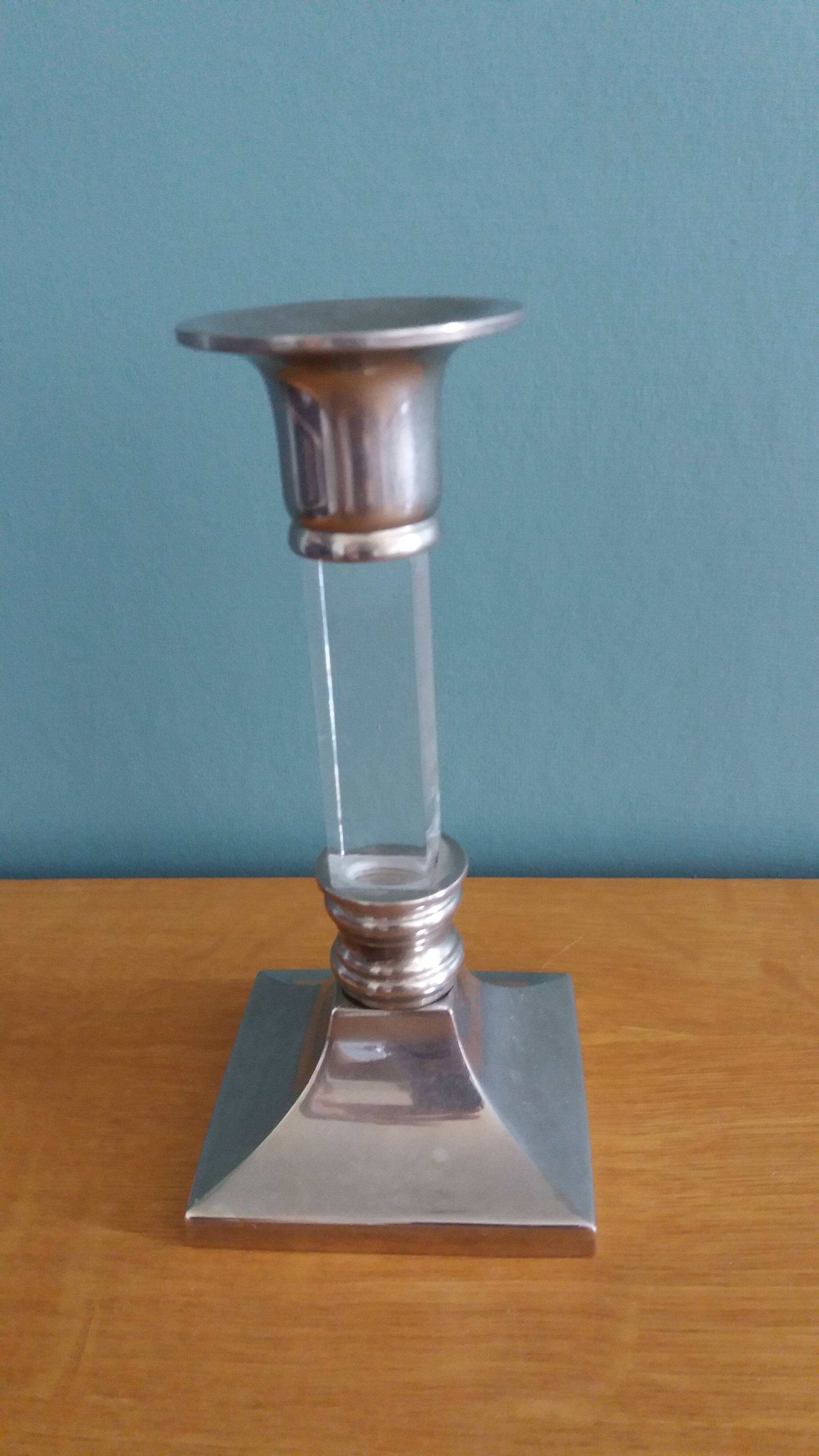 Silver-plated metal candlestick and lucite plexiglass