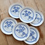 6 vintage Gien faience dessert plates, Nancay model, hand-painted blue floral pattern