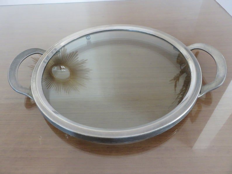 Modernist art deco tray in silver metal and smoked glass 1940s