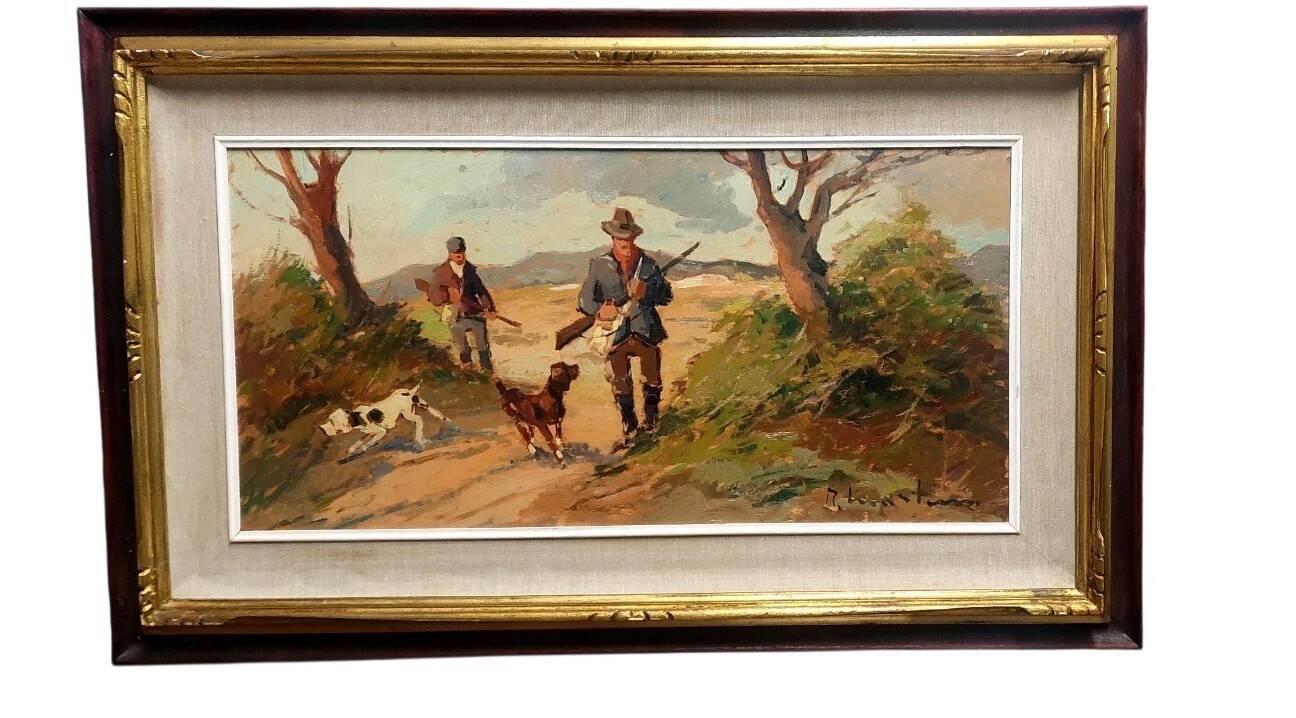 Renzo Martini - Hunters - Oil painting on plywood 60x30 cm