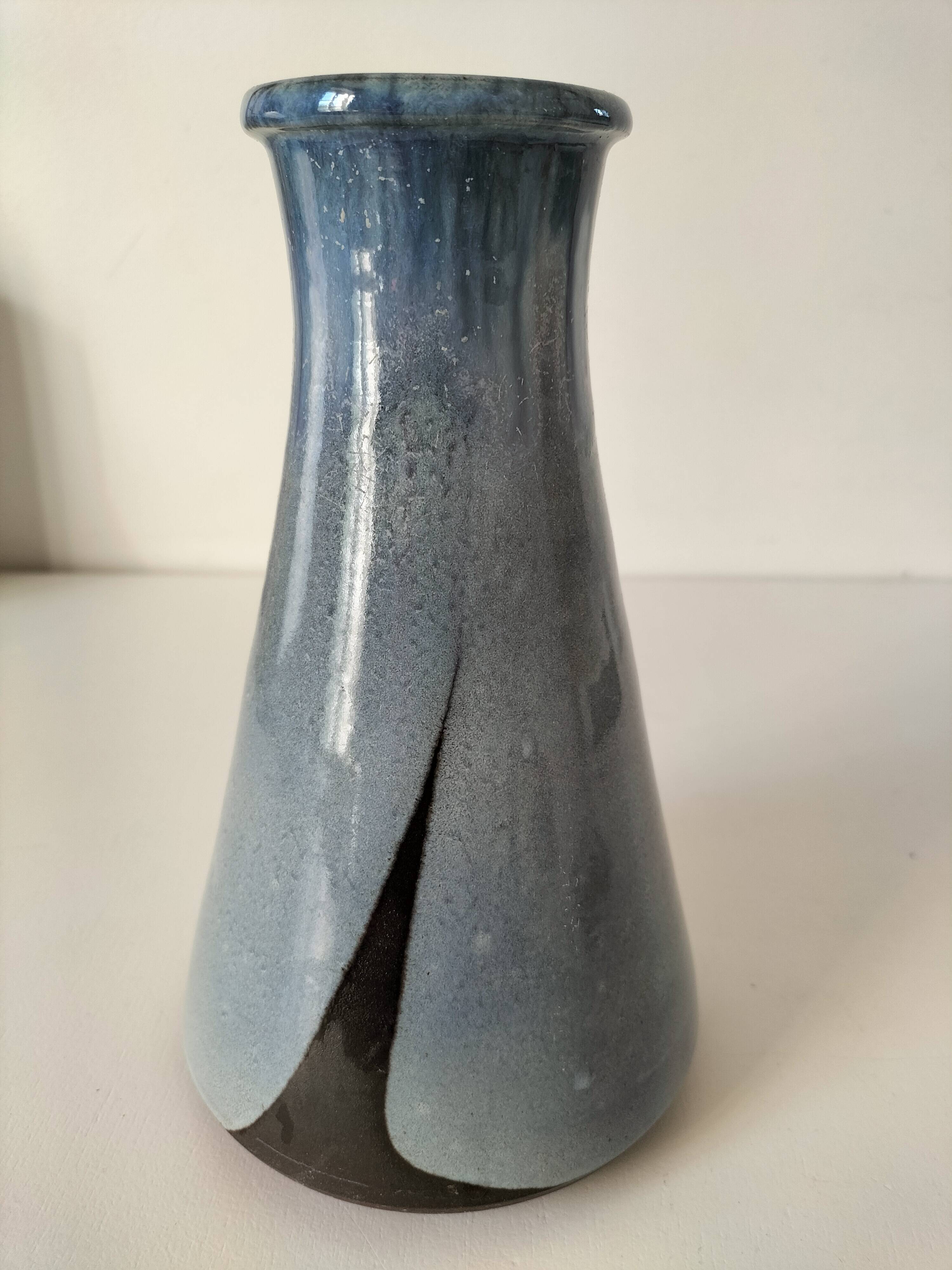 Glazed blue ceramic vase, Puisaye spirit, signed.