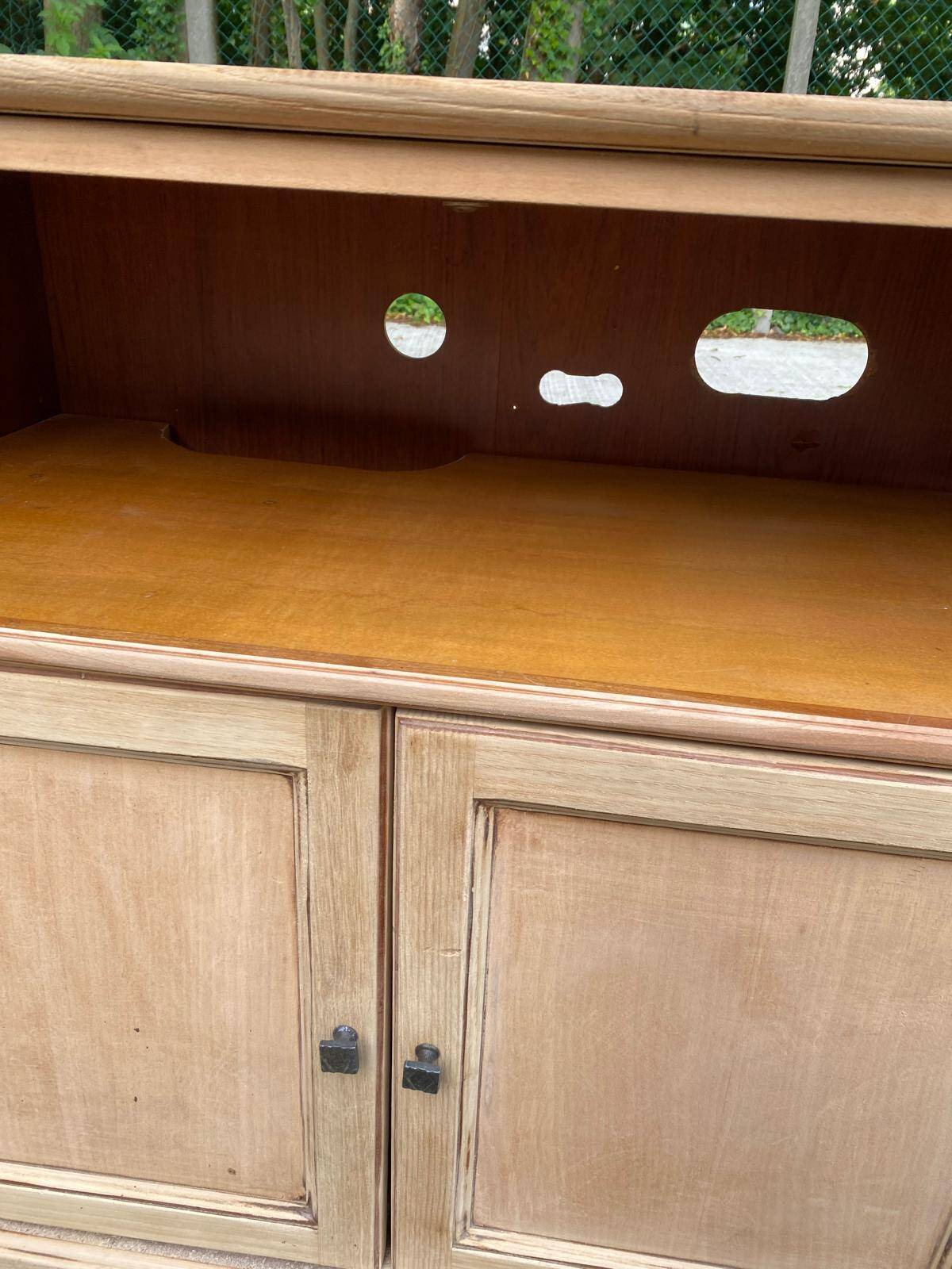 Louis Philippe two-door buffet, renovated TV unit in raw wood.