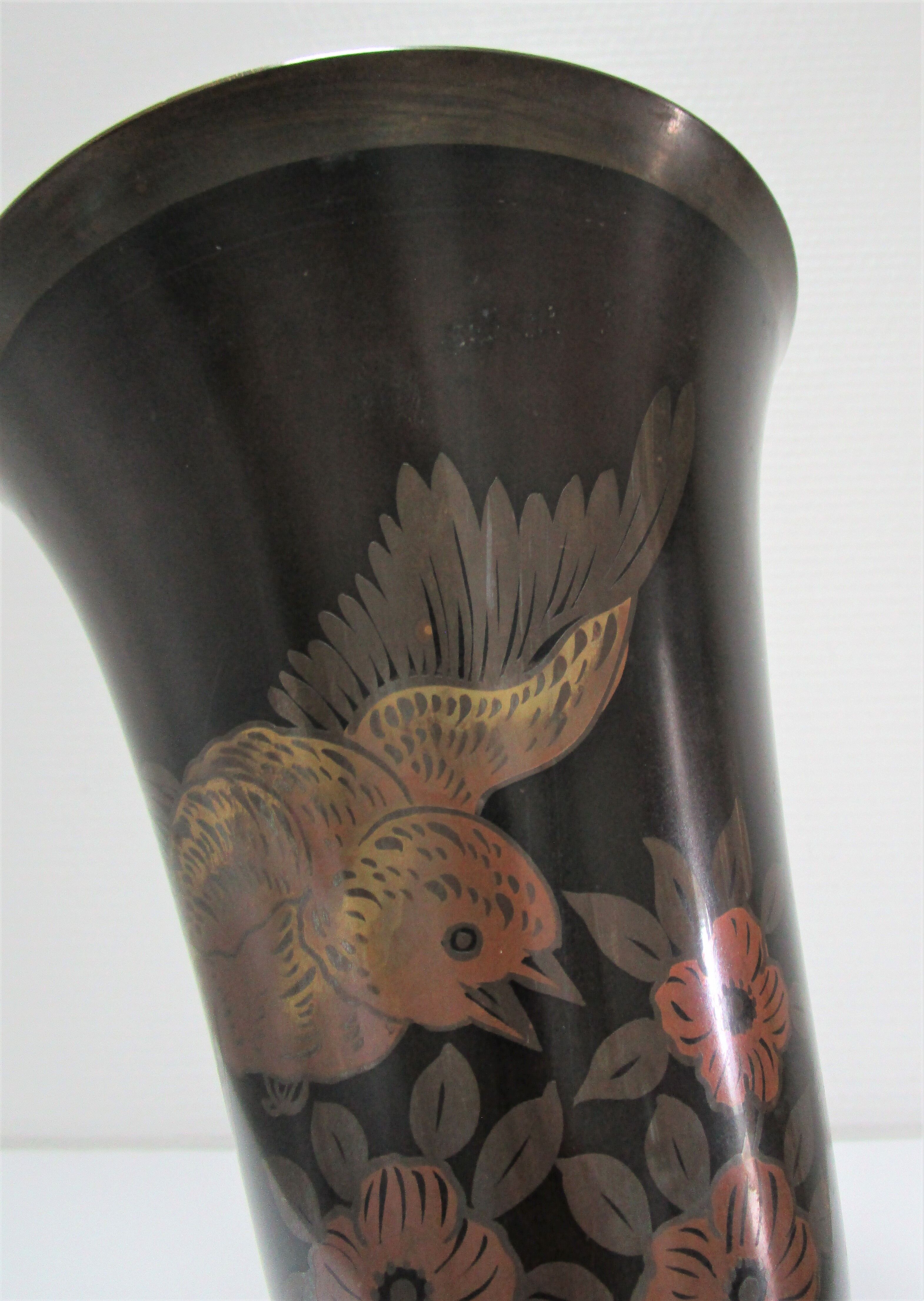 Lampe vasque art déco métal et marbre signée a.ducobu décor fleurs oiseau