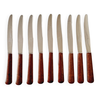 9 elegant vintage knives in stainless steel and brown bakelite