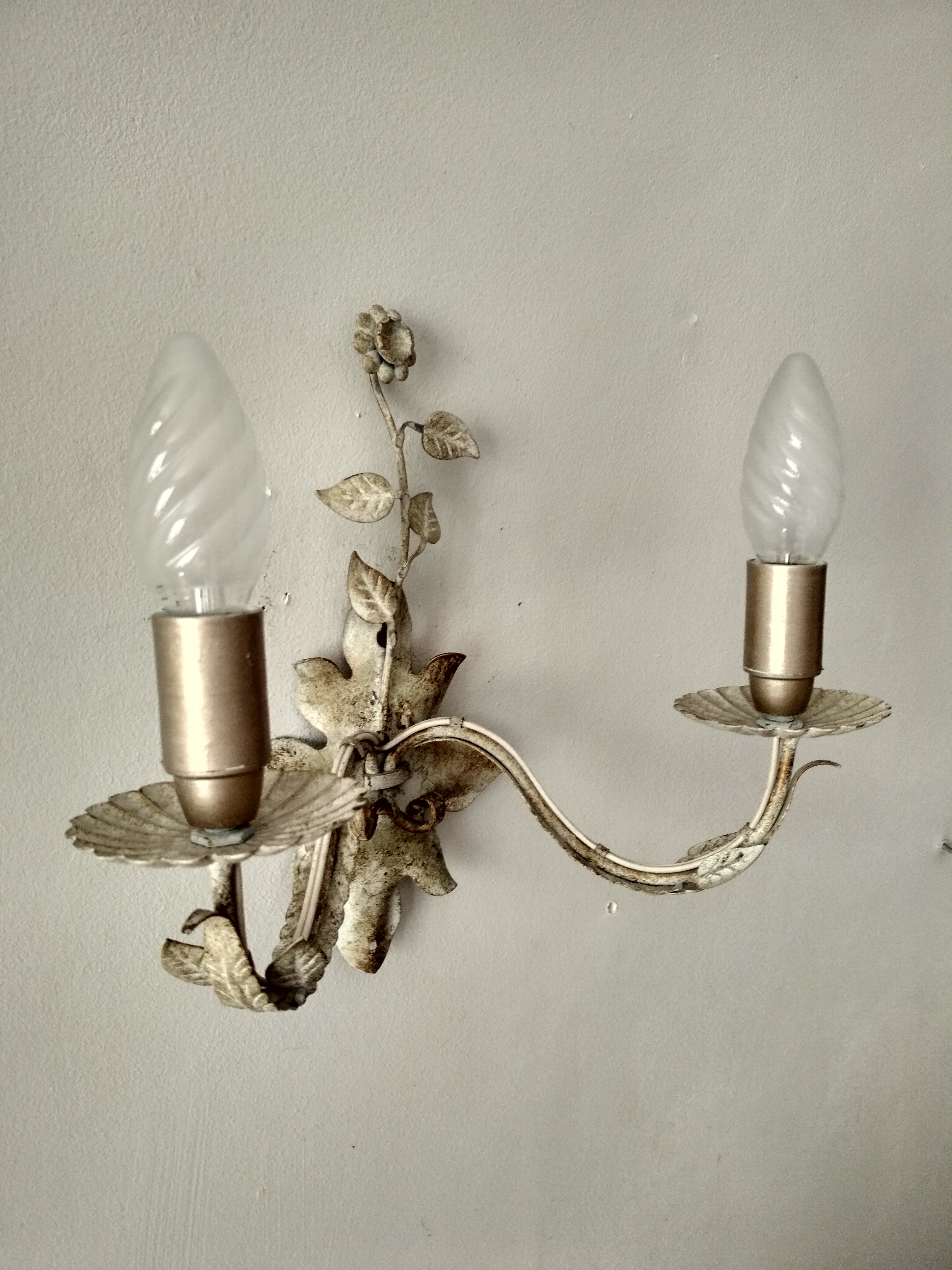 White glazed metal wall light with leaf and flower decor, 2 lights