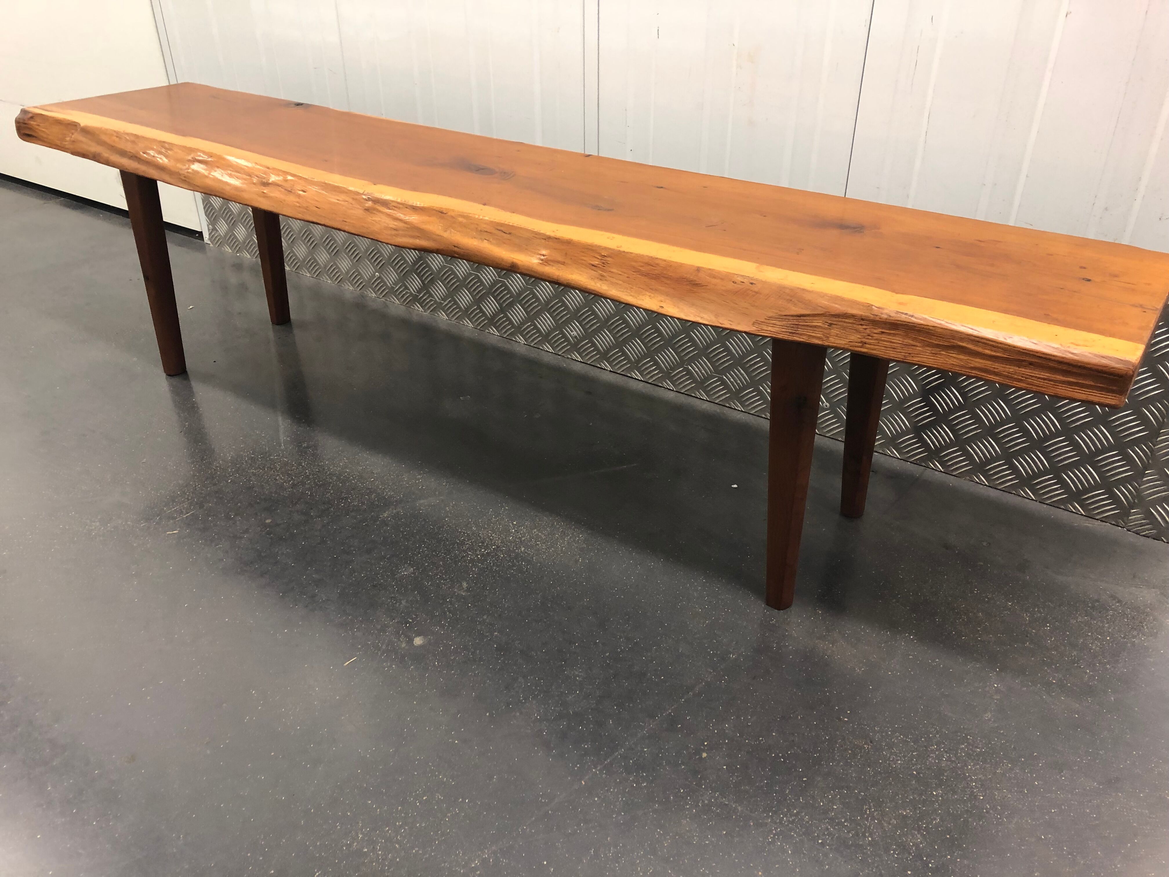 Wooden yew timbered bench stamped Reynolds of Ludlow, circa 1960