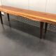 Wooden yew timbered bench stamped Reynolds of Ludlow, circa 1960