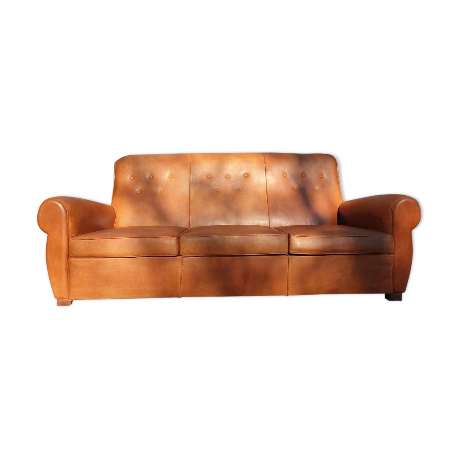 Sofa club leather 3 places buttoned back finish studded and velvet