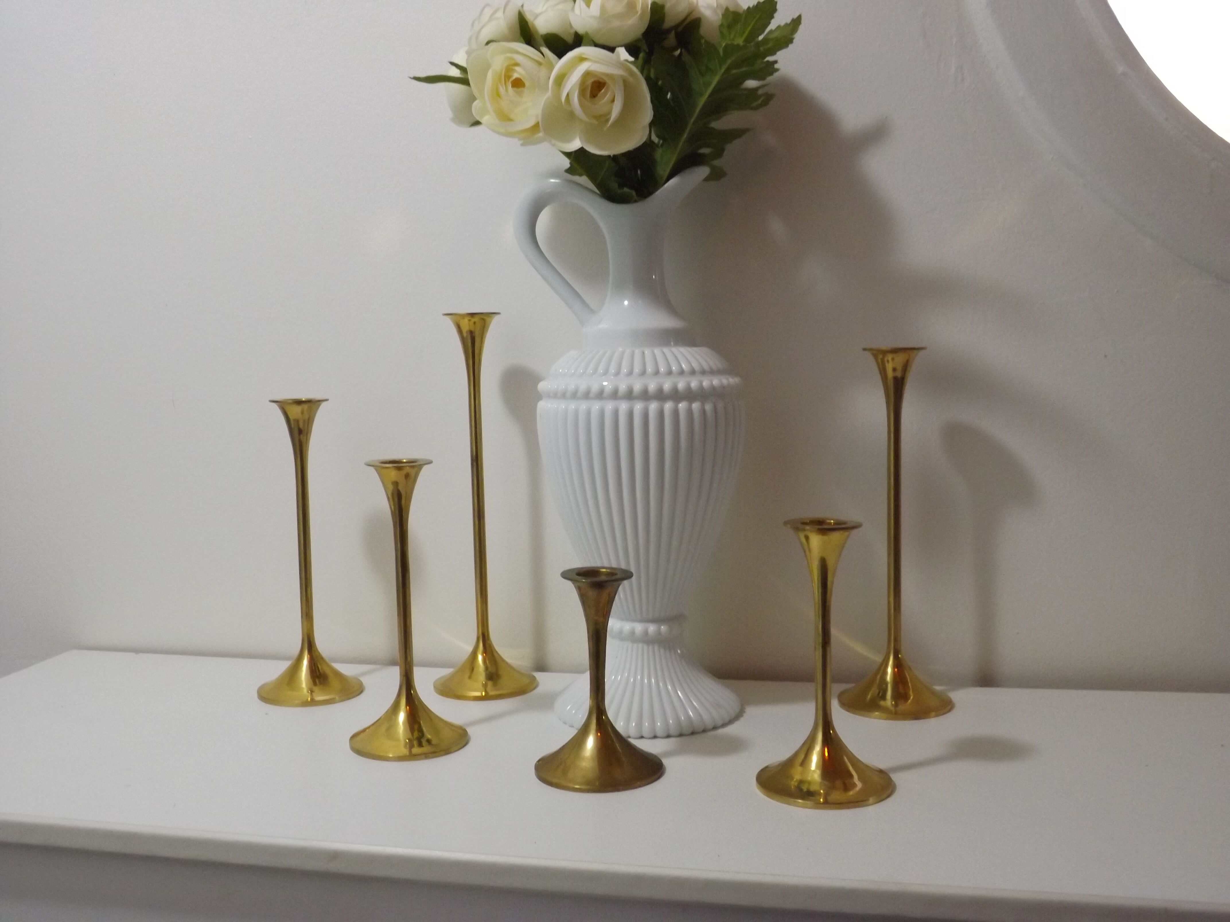 Set of 6 old brass and gold metal candlesticks