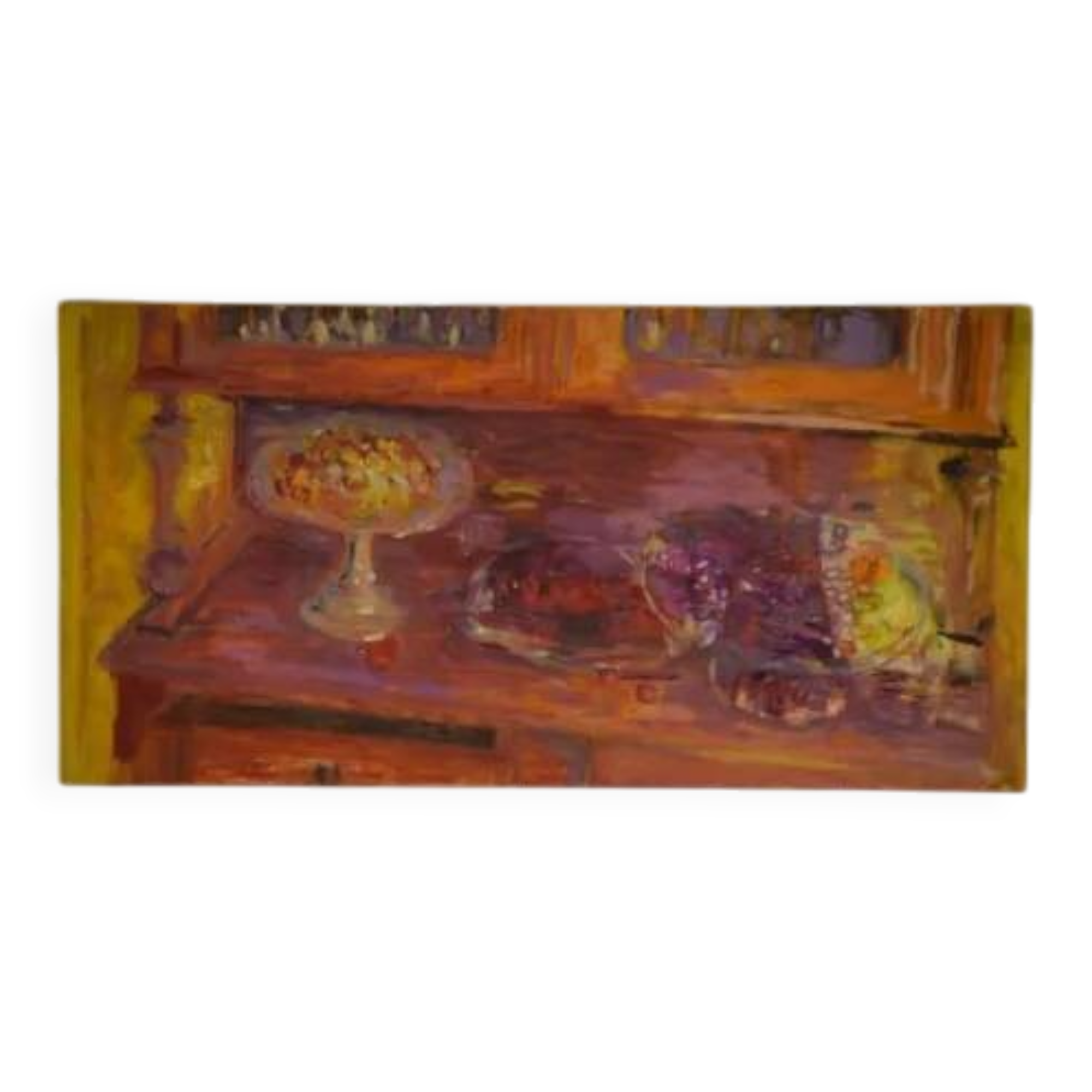 Tableau huile sur toile nature morte post-impressionniste Les cerises au vaisselier de L. Thuillier 2001