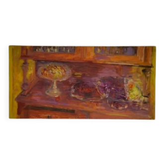 Post-impressionist oil painting still life "Cherries on the Sideboard" by L. Thuillier 2001