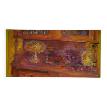 Post-impressionist oil painting still life "Cherries on the Sideboard" by L. Thuillier 2001
