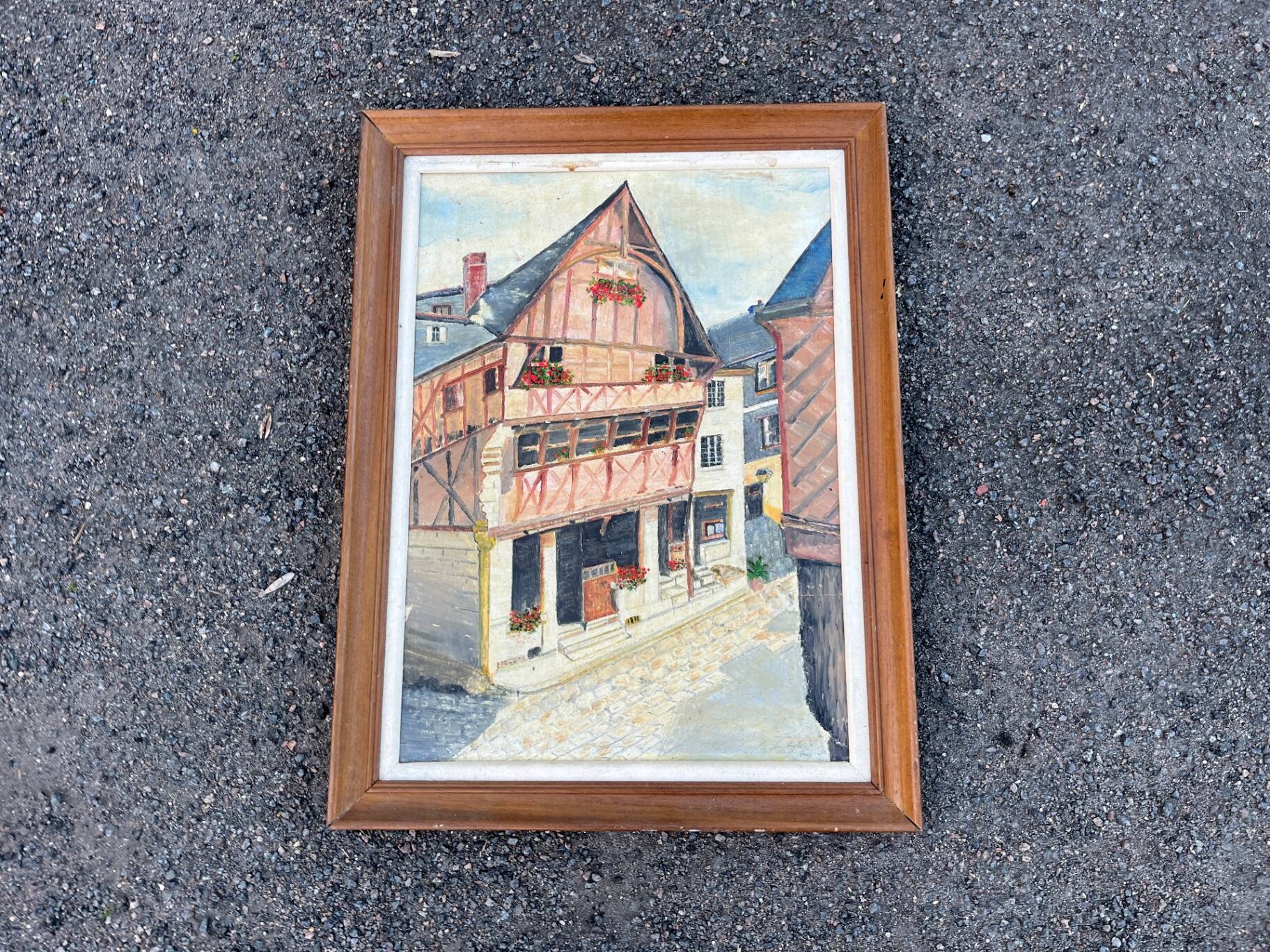 Oil table house half-timbered cobbled street - Breton Norman village