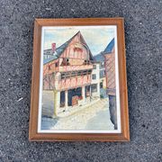 Oil table house half-timbered cobbled street - Breton Norman village