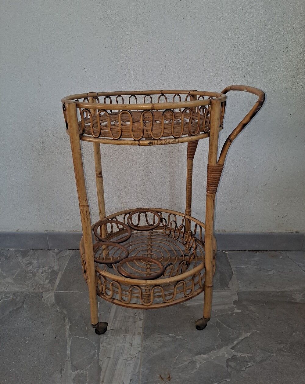 Mid-century Italian Bamboo and Rattan Round Bar Cart