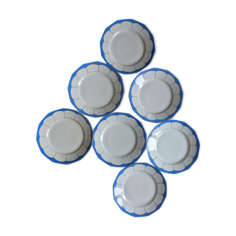 Set de 7 assiettes vintage anciennes à dessert  bleu doré porcelaine
