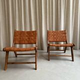Pair of leather and walnut armchairs