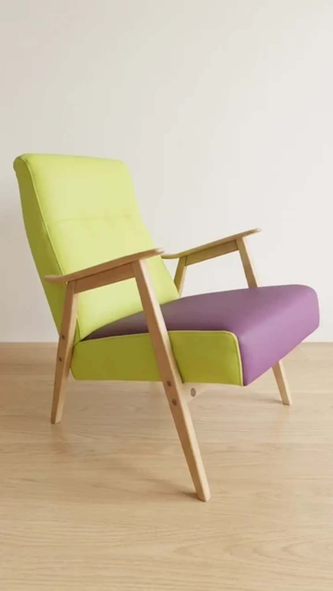 Pair of restored vintage armchairs, green and purple upholstery, mid-20th century, Czechoslovakia, 80 × 75 cm