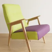 Pair of restored vintage armchairs, green and purple upholstery, mid-20th century, Czechoslovakia, 80 × 75 cm