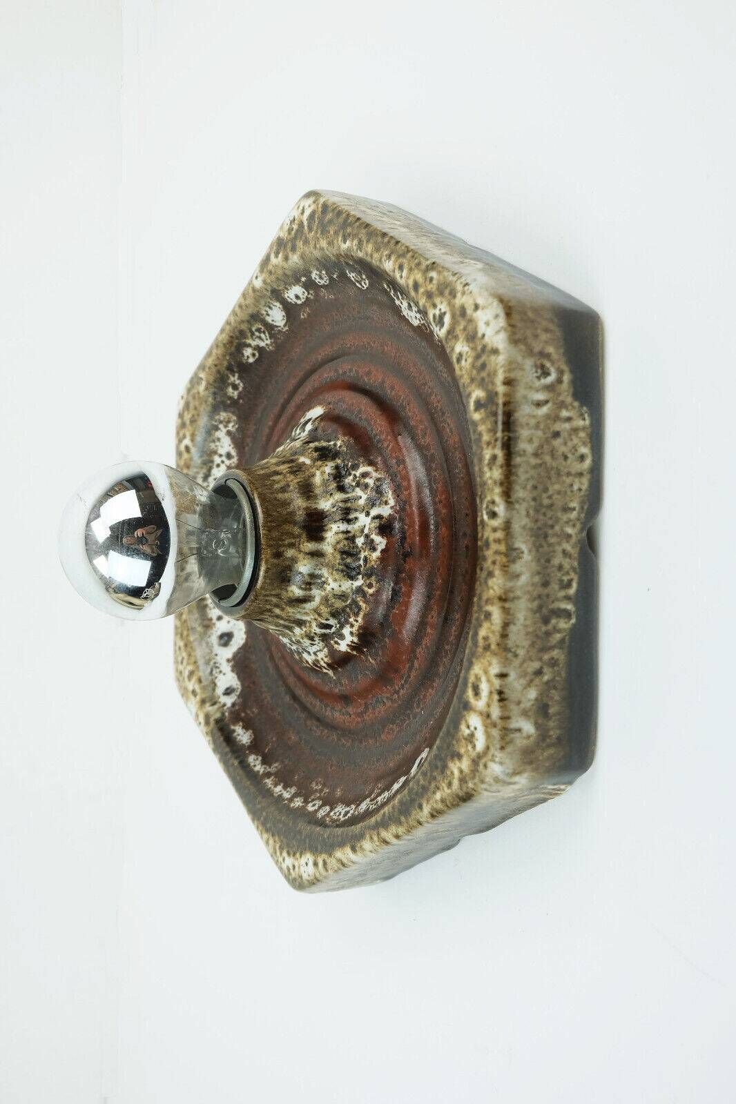 1 of 2 hexagonal mid century ceramic sconces wall lamps 1960s 1970s lava drip glaze beige brown