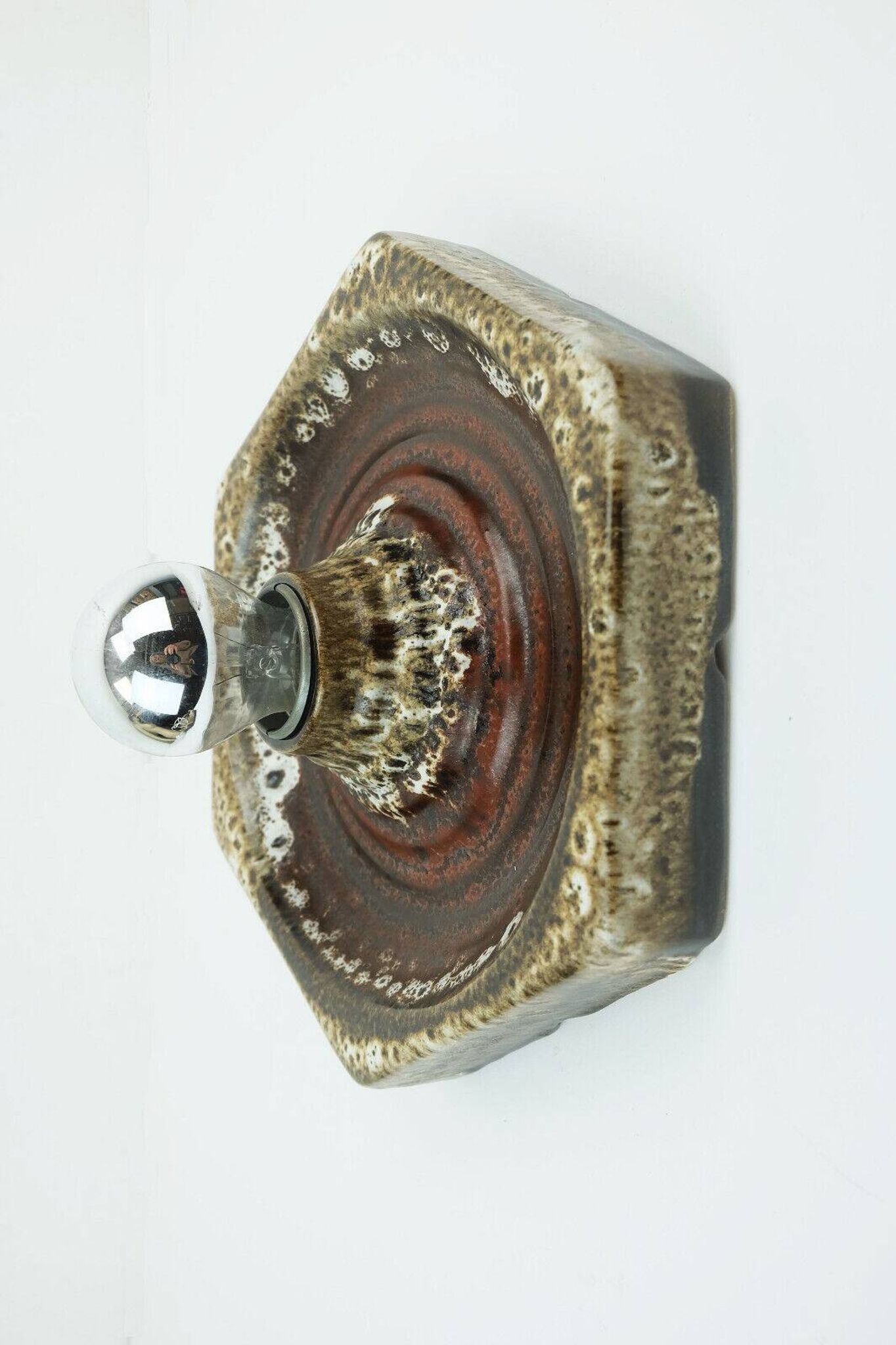 1 of 2 hexagonal mid century ceramic sconces wall lamps 1960s 1970s lava drip glaze beige brown