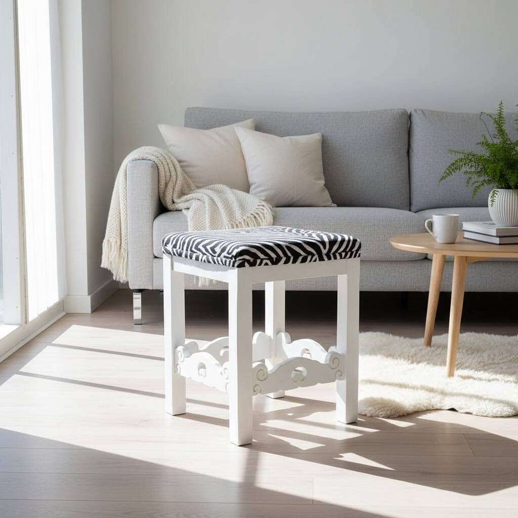 Tabouret en bois massif rustique avec assise en tissu zèbre