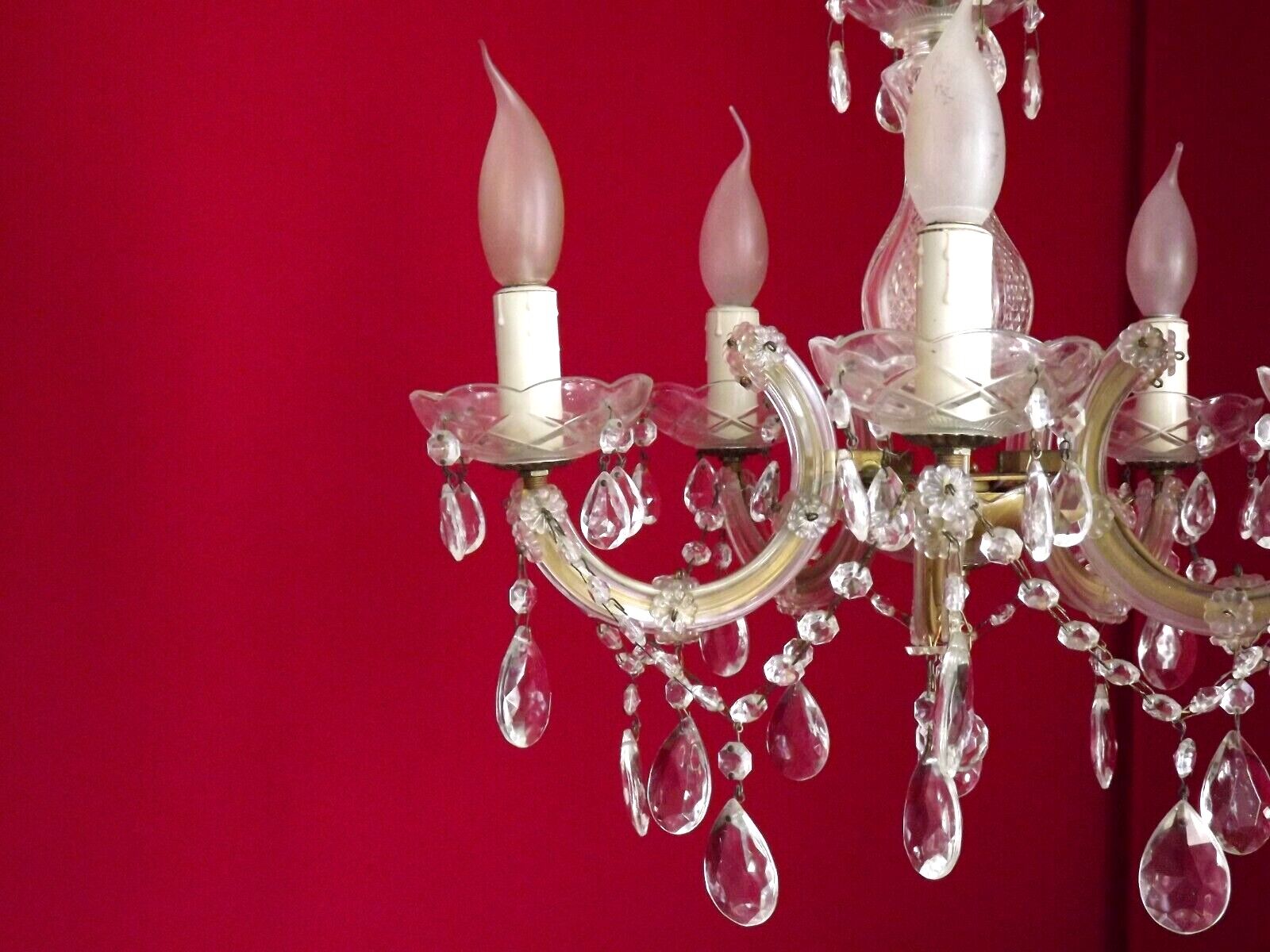 Vintage french metal crystal and glass 5 arm paris chic style chandelier 4228