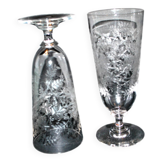 Lot of 2 old beer glasses portieux glassware acid-etched beer glasses 1920-1930