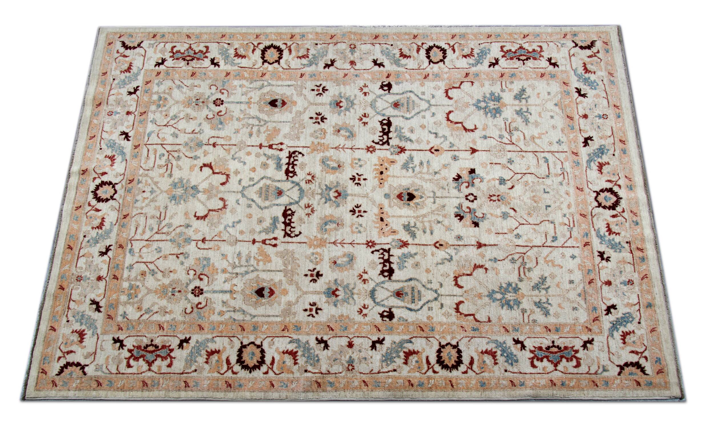 Handmade Cream Wool Floral Rug, Modern Oriental Living Room Carpet