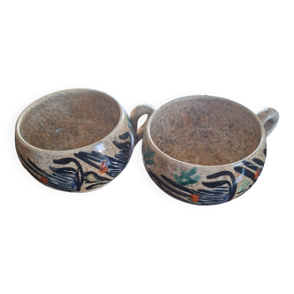 Pair of handmade Vallauris breakfast cups