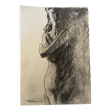 Signed charcoal painting female portrait “in the shadow“