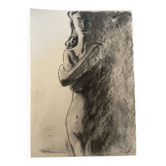 Tableau signé fusain portrait féminin « dans l’ombre“