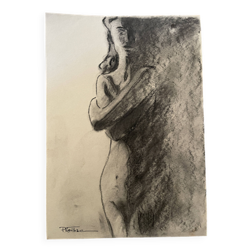 Signed charcoal painting of a female portrait "in the shadow"