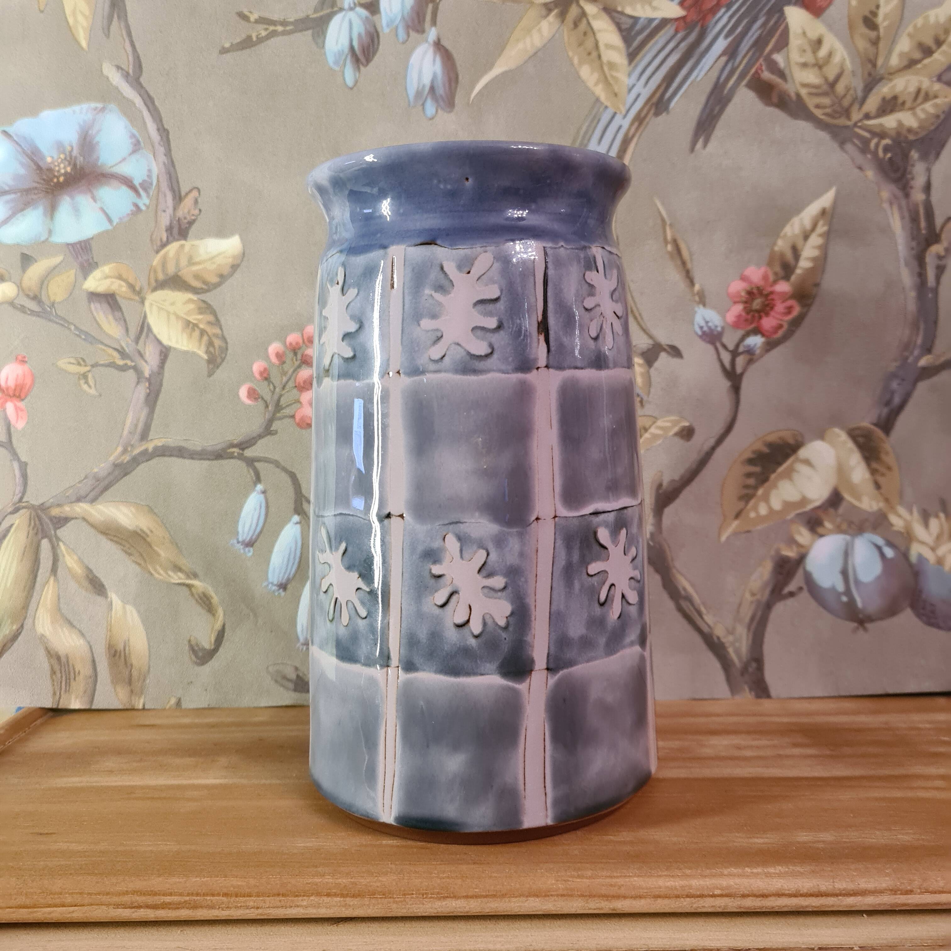 Original vase signed in blue purple glazed terracotta with pink motifs